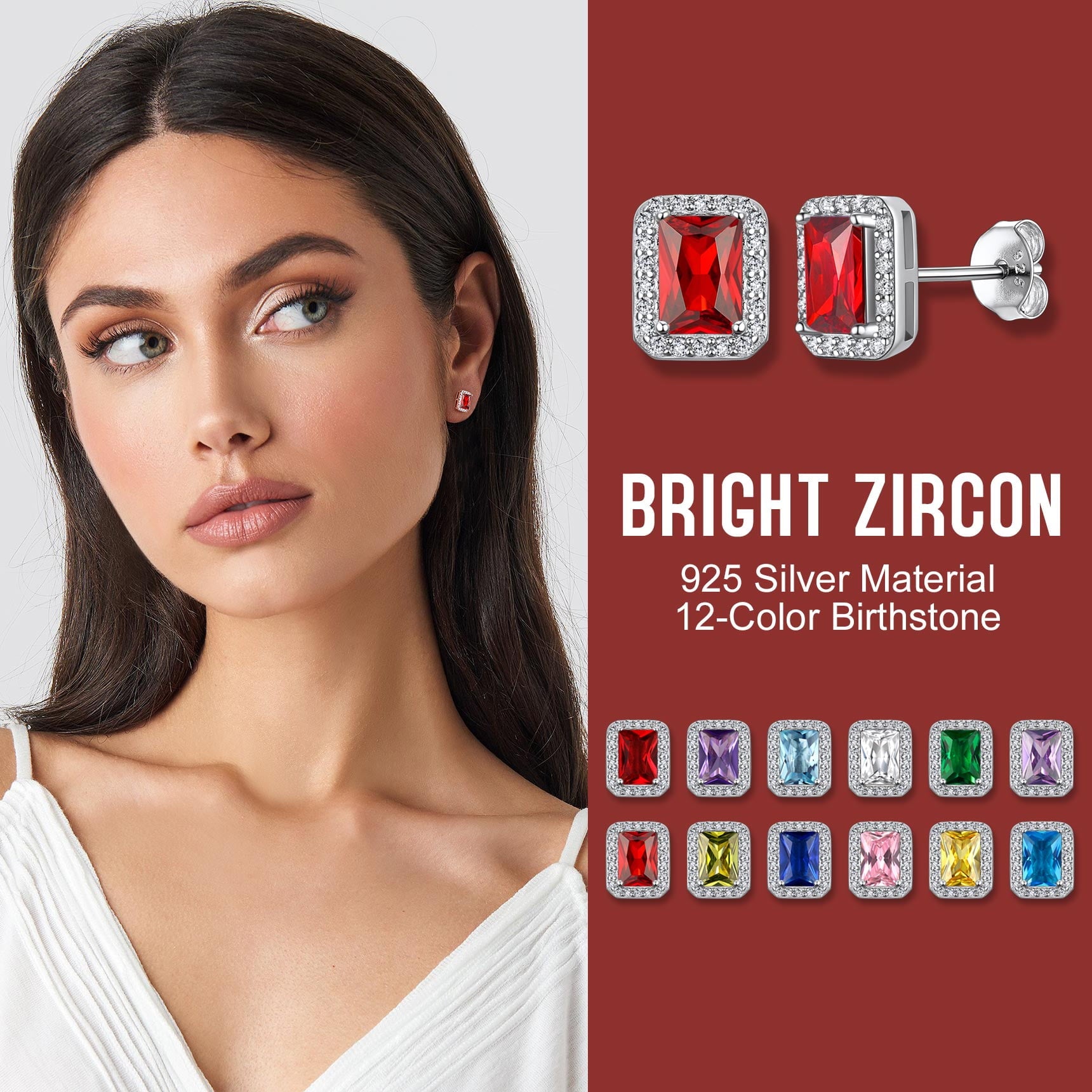 Square Diamond Stud Earrings July Ruby Birthstone Earrings, Sterling Silver Earrings Birthday Jewelry Gift for Women