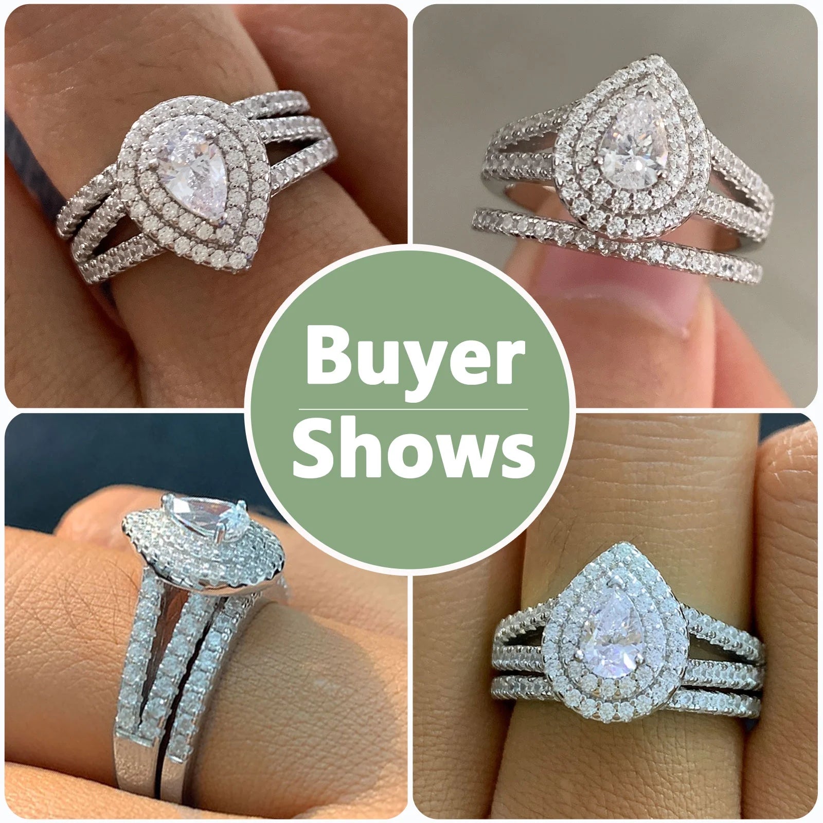 Newshe Wedding Rings for Women Engagement Ring Set 925 Sterling Silver 1.3Ct Pear White Cz Size 9