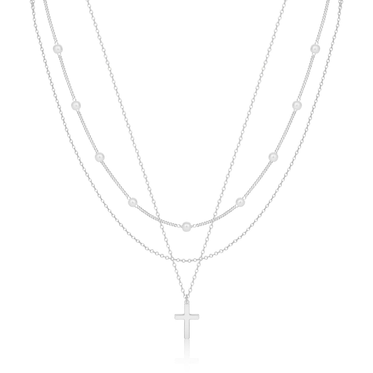 Layered Cross Necklace for Women Dainty Classic Fashionable Pearl Cross Pendant Layered Necklace Weddings Graduations Days Travel Gifts