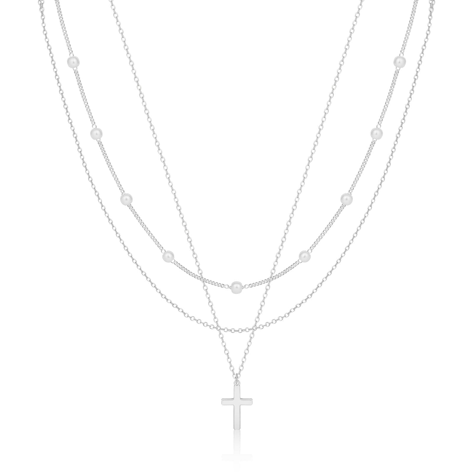 Layered Cross Necklace for Women Dainty Classic Fashionable Pearl Cross Pendant Layered Necklace Weddings Graduations Days Travel Gifts