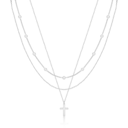 Layered Cross Necklace for Women Dainty Classic Fashionable Pearl Cross Pendant Layered Necklace Weddings Graduations Days Travel Gifts