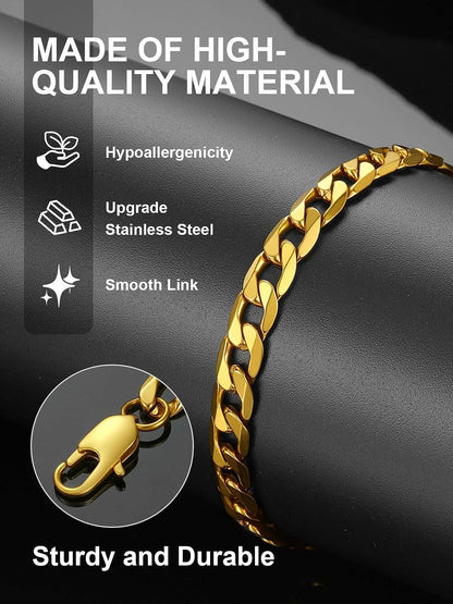 Men Chain Bracelet Gold Plated Cuban Curb Bracelet 6MM 8.3 Inch Wrist Bracelet Mens Stainless Steel Jewelry