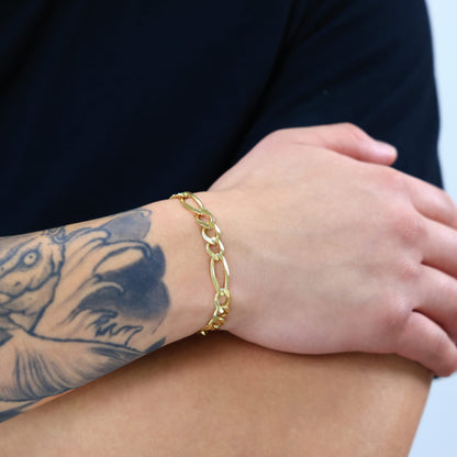 10K Real Yellow Gold Solid Figaro Link 8Mm Thick Chain Bracelet (7"-9") Italian Jewelry for Men