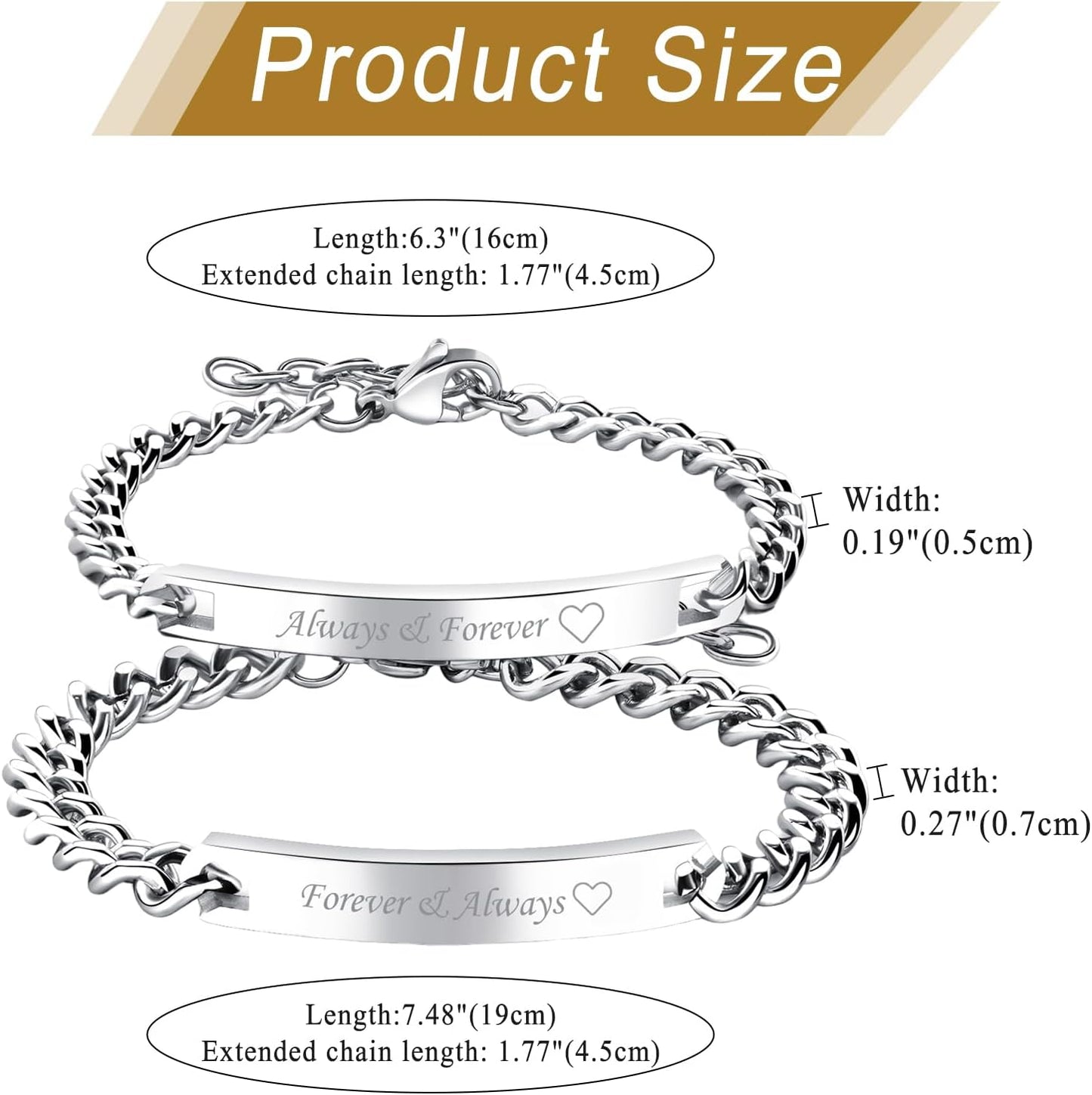 2Pcs CZ His and Hers Couple Bracelets Set, Adjustable Titanium Stainless Steel Always & Forever Forever & Always Love Matching Bracelet Link Jewelry Set