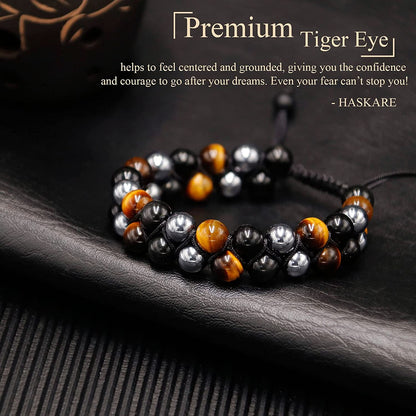 Triple Protection Bracelet, Tigers Eye Black Obsidian and Hematite 8Mm Beads Bracelet for Men Women, Jewelry Healing Bracelets Bring Luck and Prosperity and Happiness