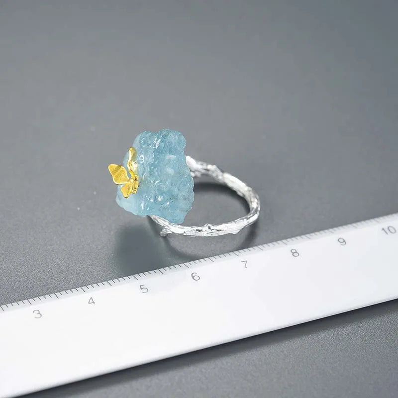 Adjustable Aquamarine Big Gemstones Butterfly Rings for Women Original 925 Sterling Silver Dating Luxury Fine Jewelry
