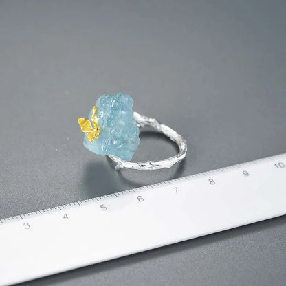 Adjustable Aquamarine Big Gemstones Butterfly Rings for Women Original 925 Sterling Silver Dating Luxury Fine Jewelry