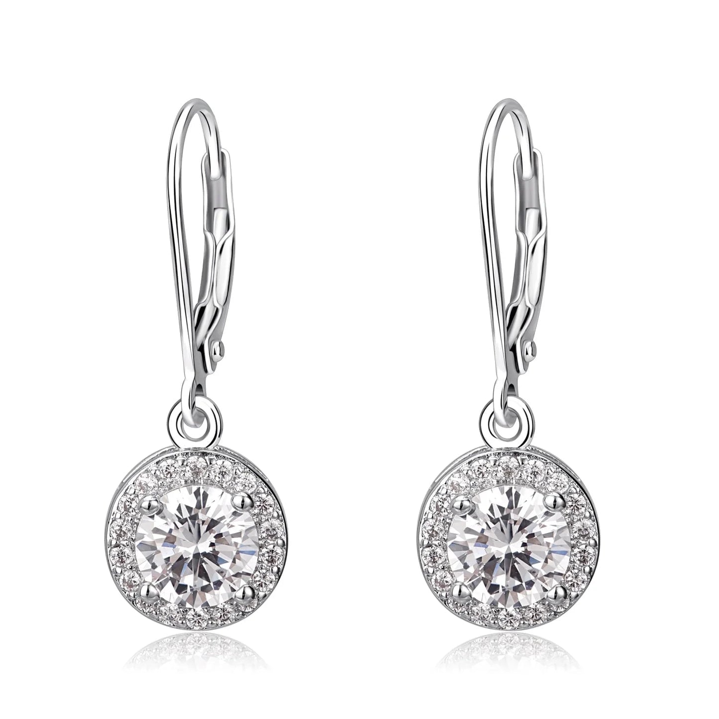 Halo Crystal Leverback Drop and Dangle Earrings in 18K White Gold Plated