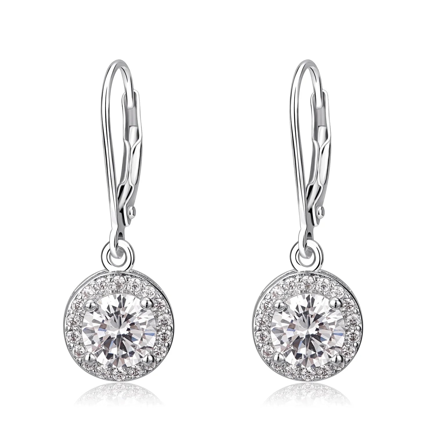Halo Crystal Leverback Drop and Dangle Earrings in 18K White Gold Plated
