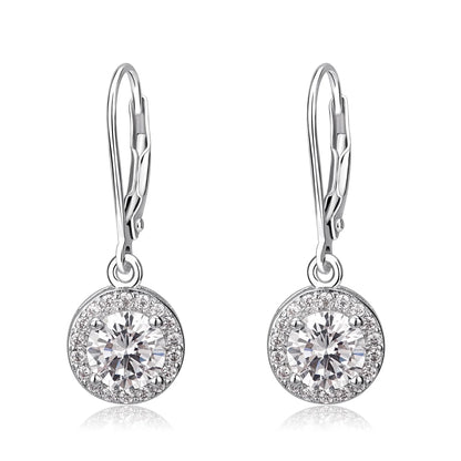 Halo Crystal Leverback Drop and Dangle Earrings in 18K White Gold Plated