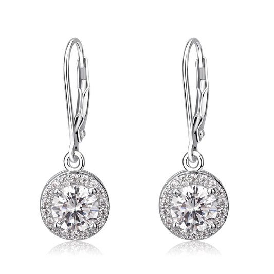 Halo Crystal Leverback Drop and Dangle Earrings in 18K White Gold Plated