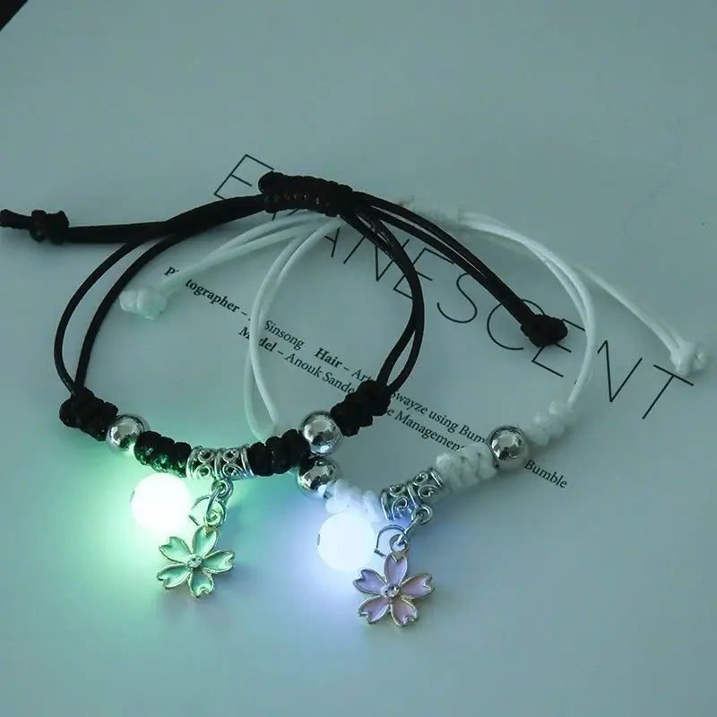 2Pcs Luminous Star Cat Moon Couple Bracelet Kitten Flower Handmade Adjustable Rope Matching Bracelets Lover Friendship Jewelry