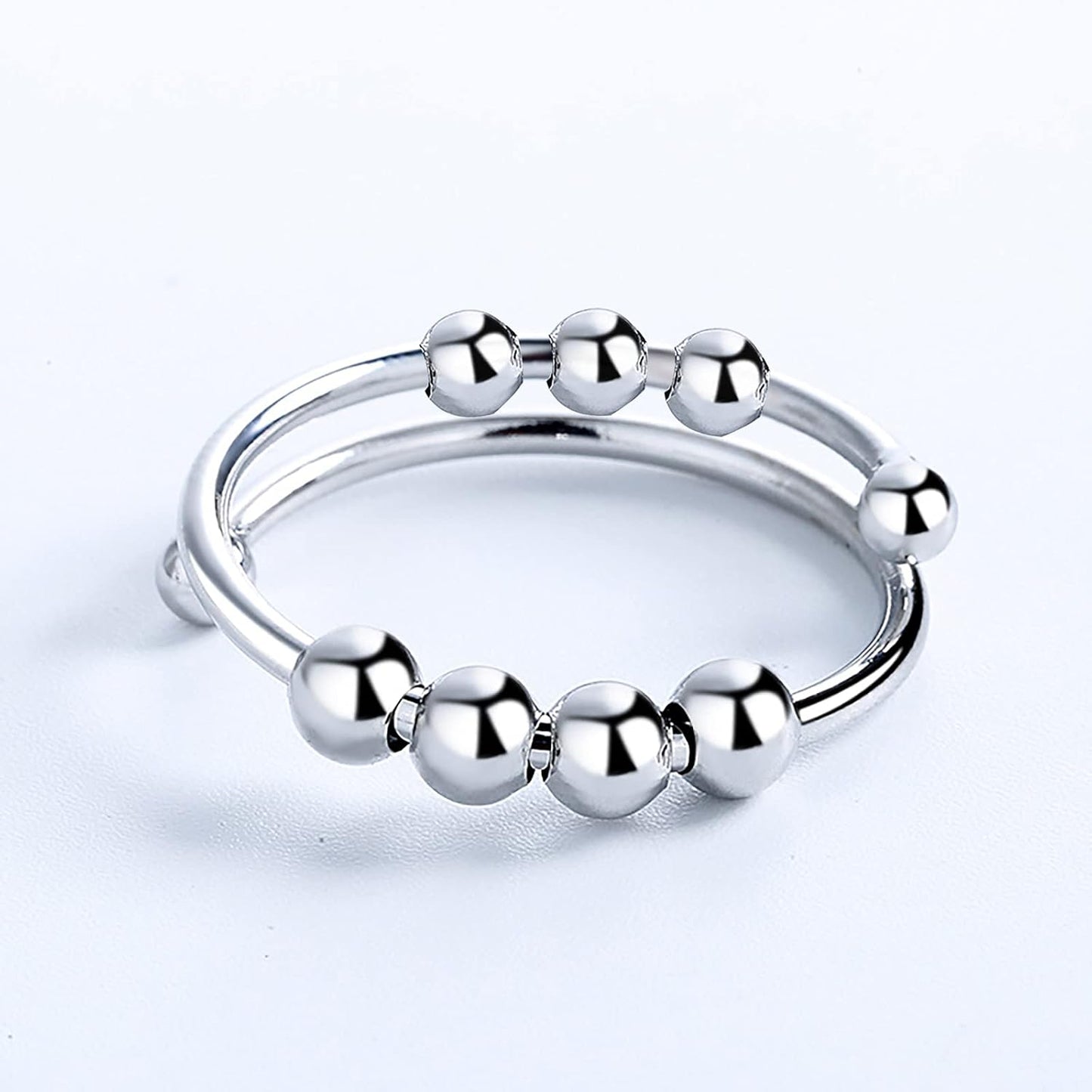 Silver Adjustable Fidget Rings, Anxiety Relief Ring, Anti-Worry Bead Rings Spinner Ring Gift for Women Men