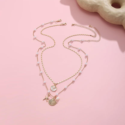 Gold Sea Shell Necklace,Layer Charm Necklace for Women Boho Summer Seashell Beach Starfish Necklace,Surfer Jewelry Gifts Vacation Summer Outfits for Women