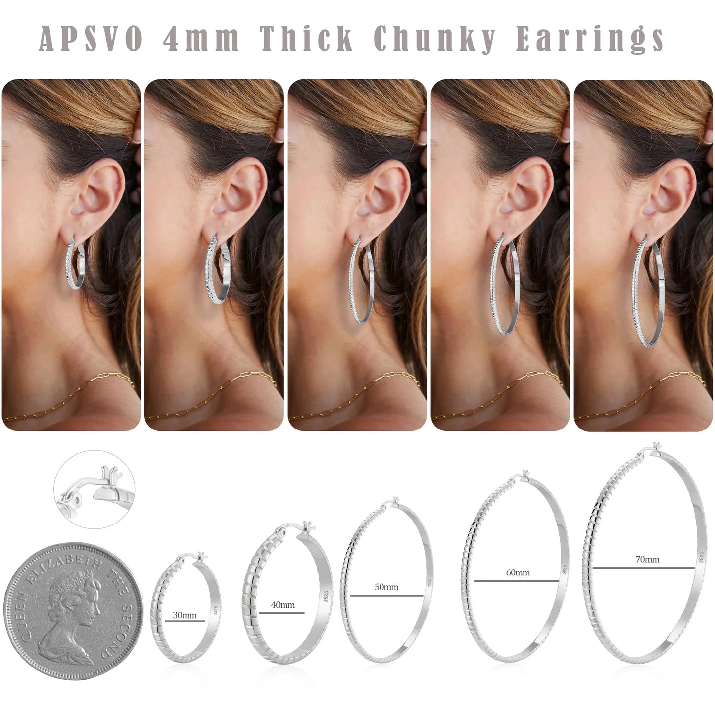 2 Pairs Big Large Extra Chunky White Gold S925 Sterling Silver Hoop Earrings for Women,Hypoallergenic 4Mm Thick Silver Hoop Earrings Set 30/40MM Girlfriend Wedding Birthday Jewelry Gifts