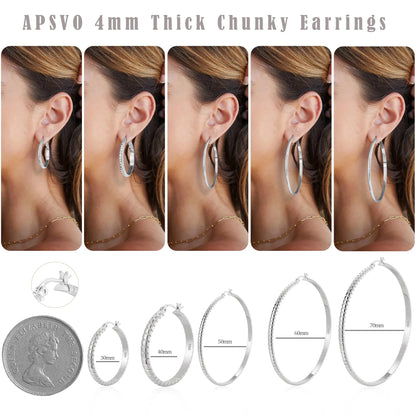 2 Pairs Big Large Extra Chunky White Gold S925 Sterling Silver Hoop Earrings for Women,Hypoallergenic 4Mm Thick Silver Hoop Earrings Set 30/40MM Girlfriend Wedding Birthday Jewelry Gifts