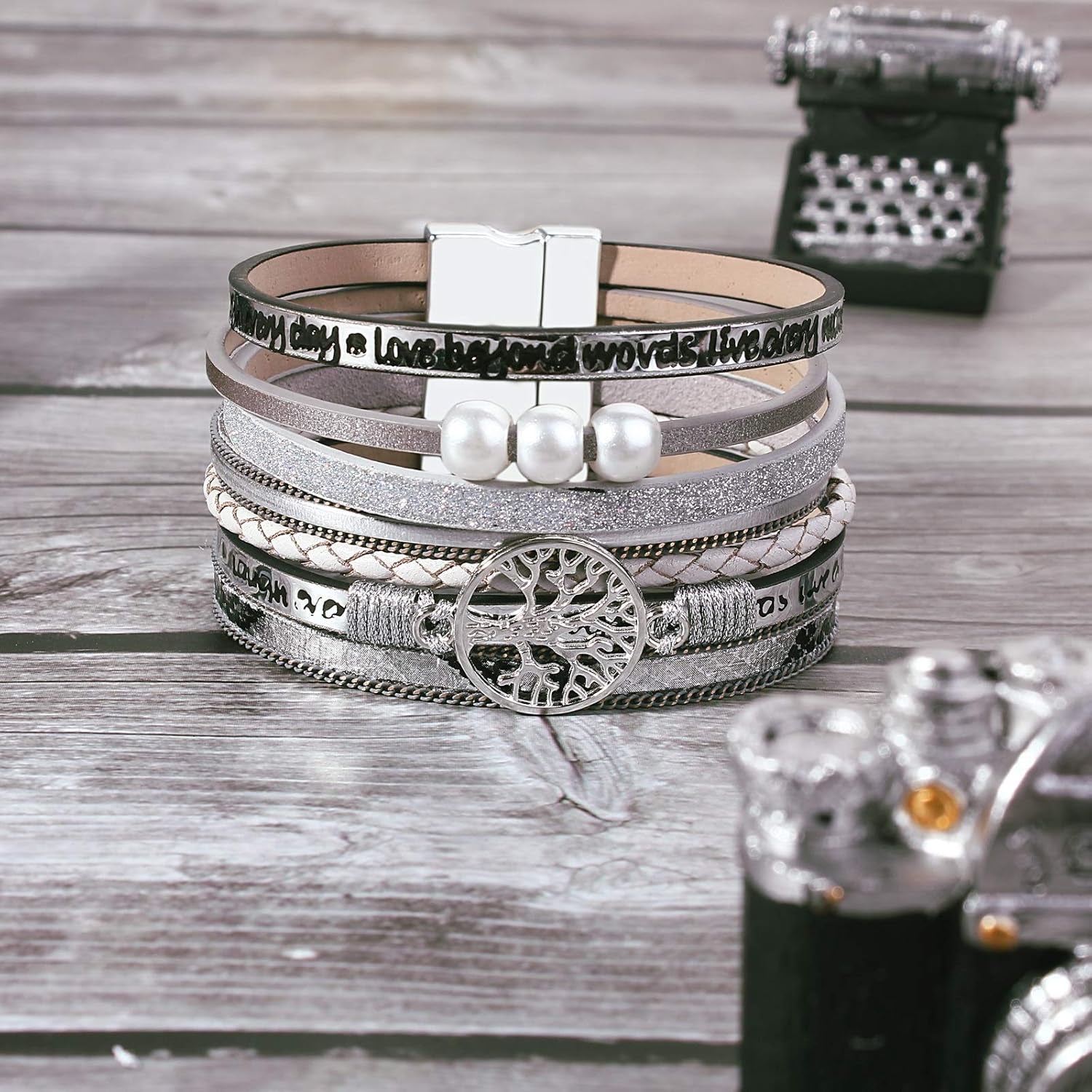 Tree of Life Leather Wrap Bracelet Inspirational Cuff Bangles Boho Pearl Bracelets with Magnetic Clasp Unique Jewelry Gifts for Women