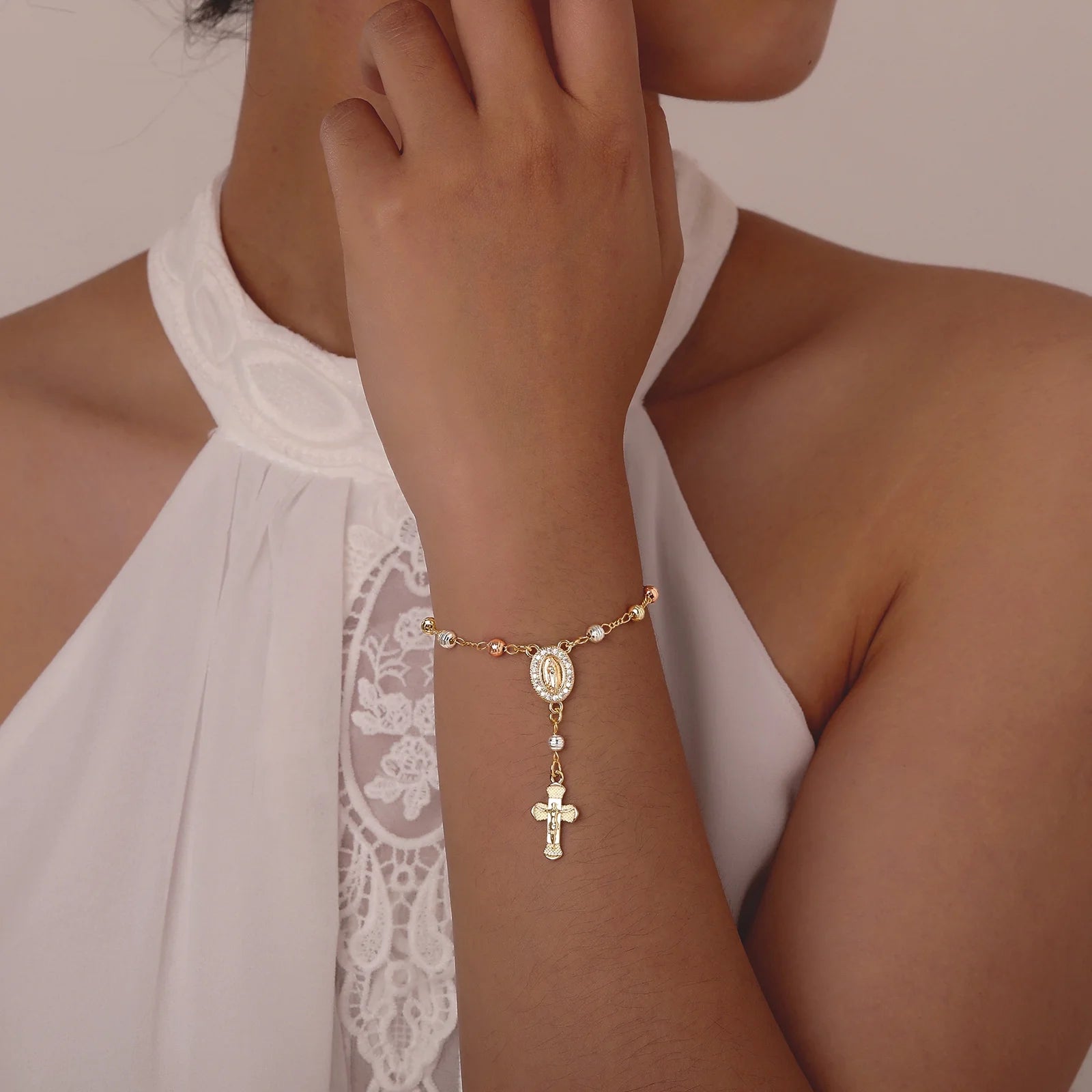 Virgin Mary Rosary Bracelet for Women, 14K Gold Plated Inspirational Jesus Cross Charm Virgen De Guadalupe Bracelet, Adjustable Christian Faith Bead Link Chain Bracelets Religious Jewelry Gifts