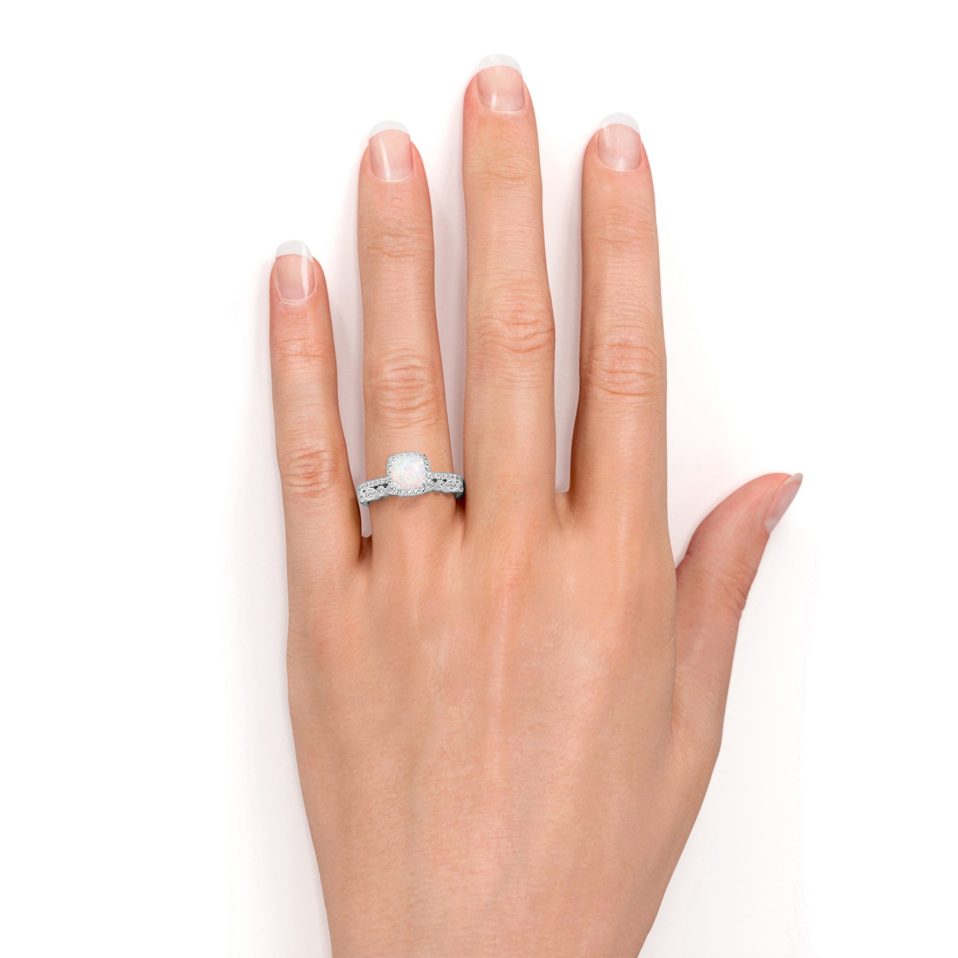 1.50 Ct round Cut Blue Opal and Moissanite Wedding Ring Set in in 18K White Gold over Silver