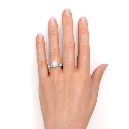1.50 Ct round Cut Blue Opal and Moissanite Wedding Ring Set in in 18K White Gold over Silver