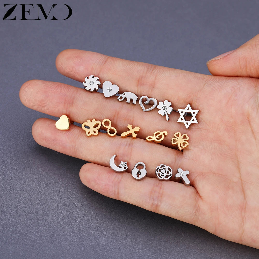 Flower Baby Earrings 316L Stainless Steel Small Stud Earrings Heart Kid Studs Ear Earrings Female Piercing Jewelry Women