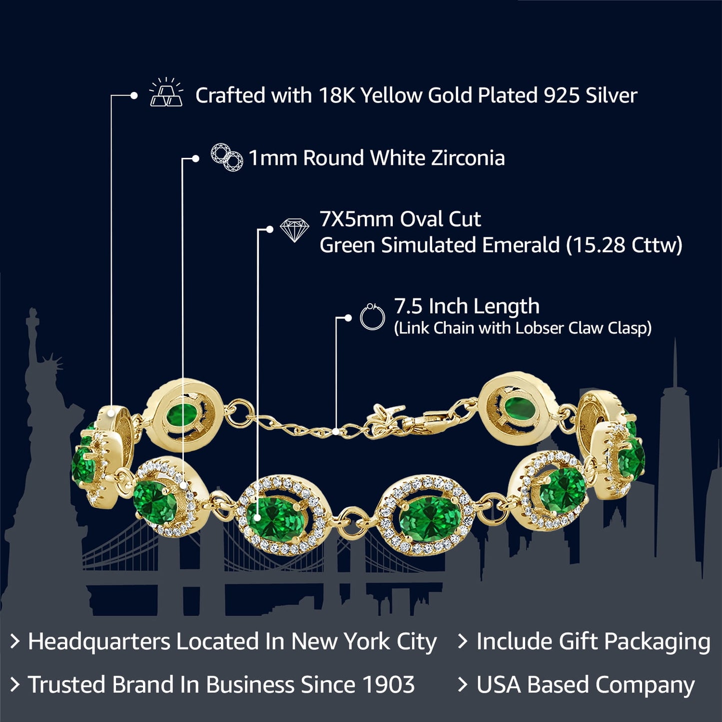 18K Yellow Gold Plated Silver Green Simulated Emerald Tennis Bracelet for Women (15.28 Cttw, Gemstone Birthstone, Oval 7X5MM, 7.5 Inch)
