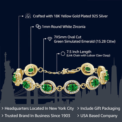 18K Yellow Gold Plated Silver Green Simulated Emerald Tennis Bracelet for Women (15.28 Cttw, Gemstone Birthstone, Oval 7X5MM, 7.5 Inch)