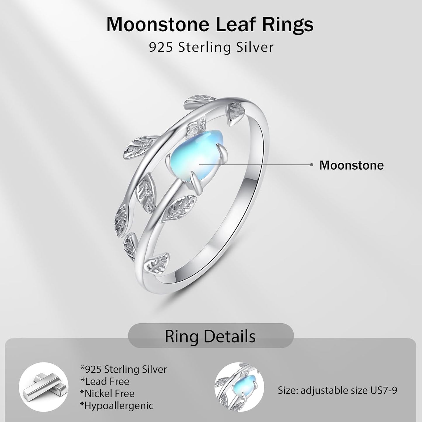 925 Sterling Silver Leaf Ring White Opal Moonstone Rings Adjustable Open Ring for Women with Jewelry Box Size 7-9