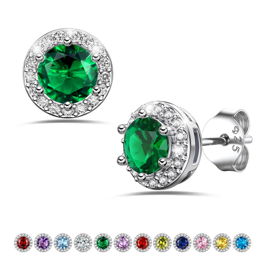925 Sterling Silver Birthstone Stud Earrings round Crystal Created Green Emerald Diamond Studs Earrings Women Gift May