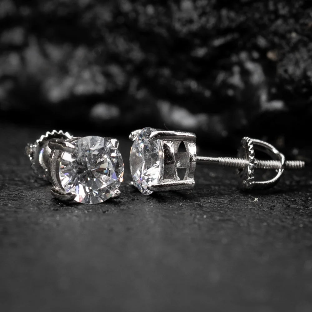 White Gold Plated 925 Sterling Silver Flower Small Brilliant round Solitaire Unisex Iced Cz Hip Hop Hypoallergenic Men'S Women'S Circle Screw Back Cubic Zirconia Stud Earrings