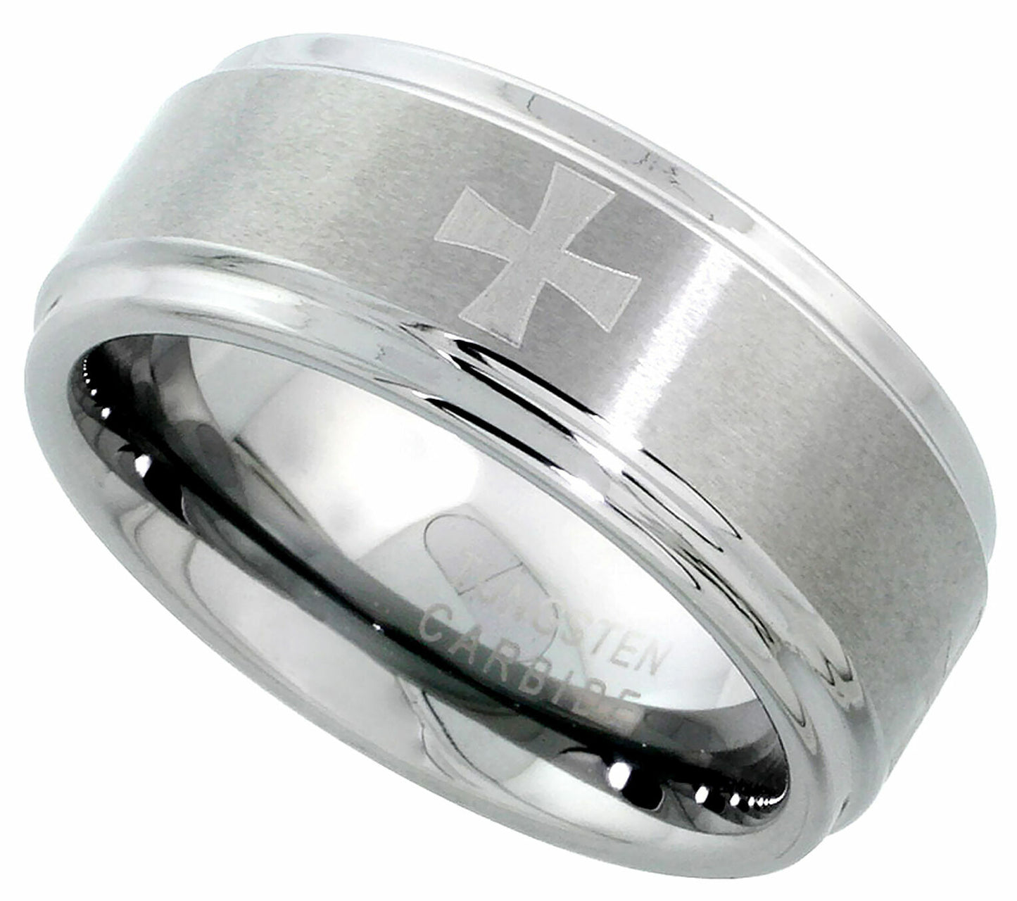 Tungsten Carbide Ring Men Wedding Band Etched Maltese Crosses Recessed Edge 9Mm