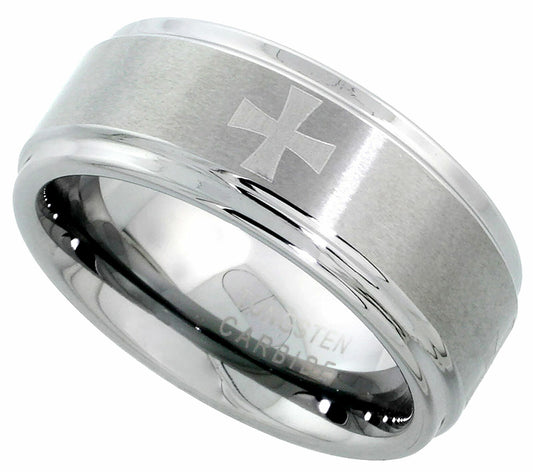 Tungsten Carbide Ring Men Wedding Band Etched Maltese Crosses Recessed Edge 9Mm