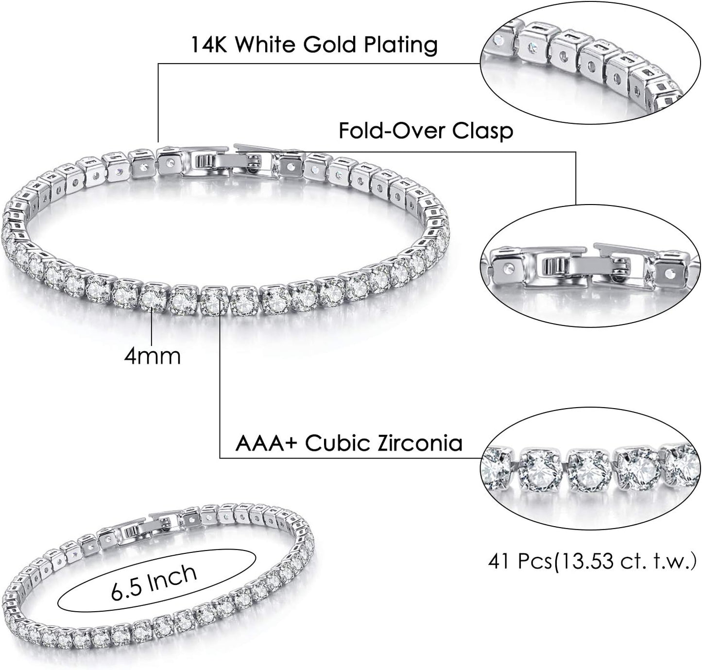 3 Pcs Tennis Bracelets for Women 14K Gold Plated 4Mm 5A+ Cubic Zirconia CZ Diamond Classic Adjustable Slider Bracelet Fashion Jewelry Wedding Gift Size 6.5-7.5 Inch