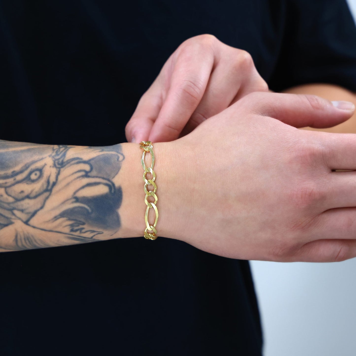 10K Real Yellow Gold Solid Figaro Link 8Mm Thick Chain Bracelet (7"-9") Italian Jewelry for Men