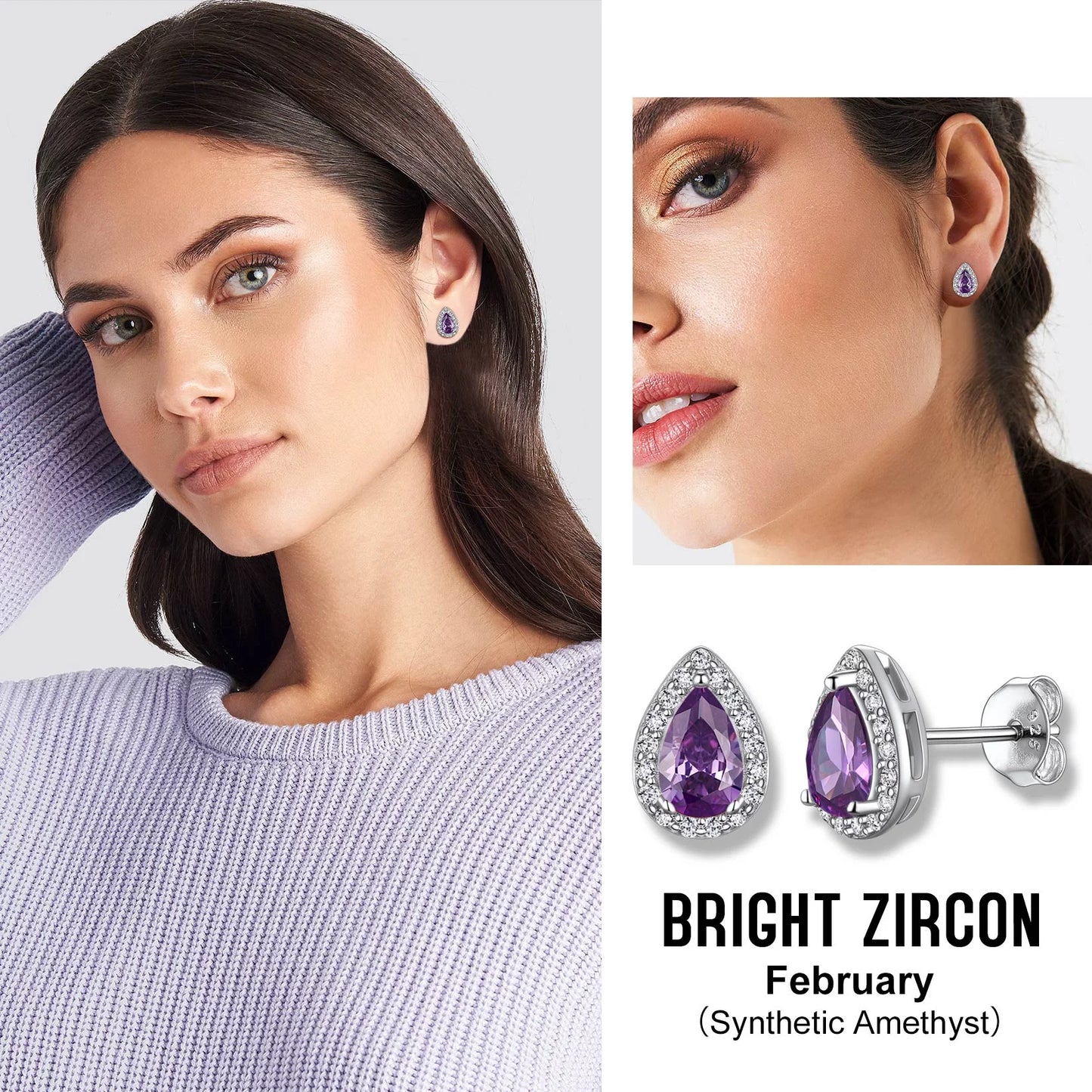 925 Sterling Silver Birthstone Stud Earrings for Women, Sparking February Teardrop Cut Diamond Earrings for Sensitive Ears
