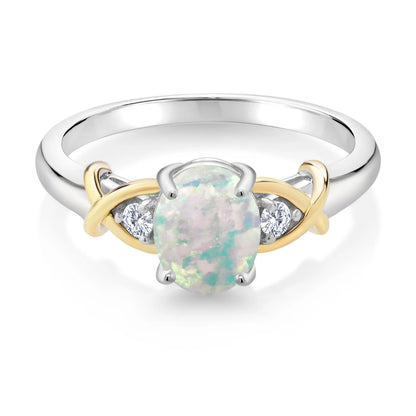 2 Tone 10K Yellow Gold and 925 Sterling Silver Oval Cabochon White Simulated Opal and Lab Grown Diamond Women Ring (1.08 Cttw, Available in Size 5,6,7,8,9)