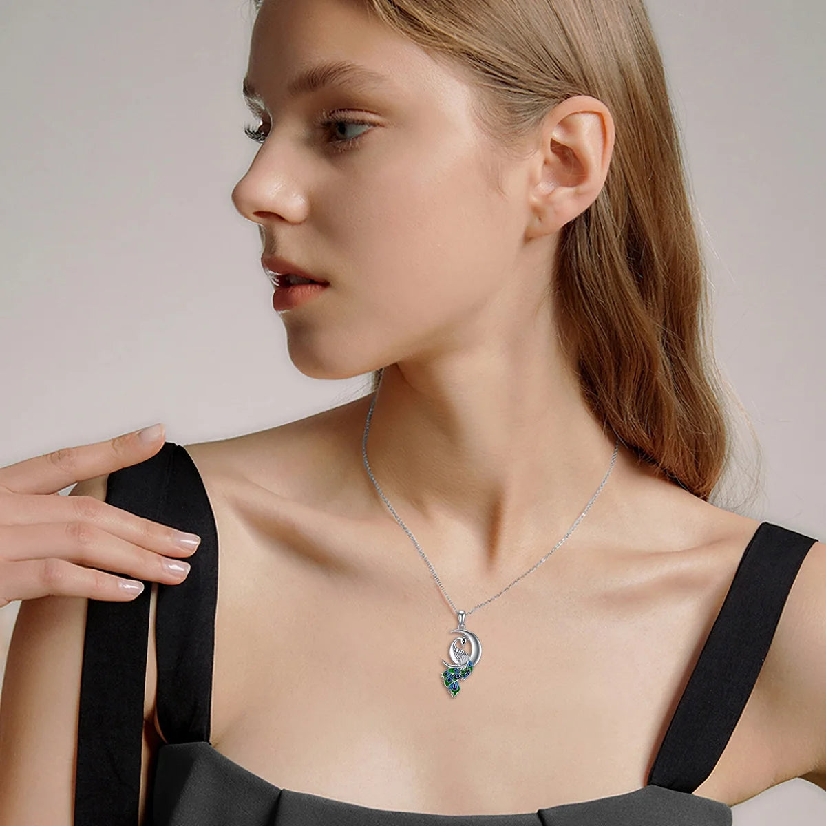 Peacock Moon Crystal Necklace 925 Sterling Silver Crescent Half Moon Pendant Peafowl Lover Anniversary Jewelry Gifts for Women