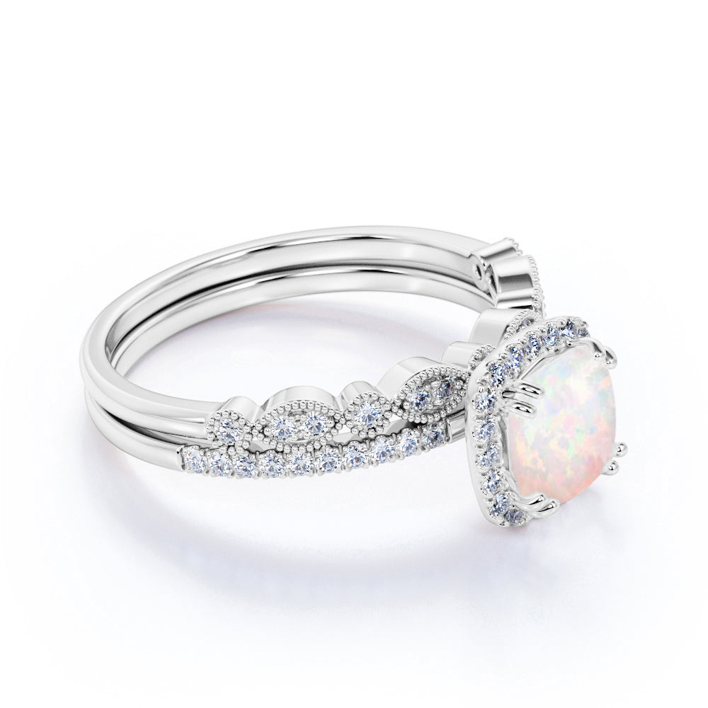 1.50 Ct round Cut Blue Opal and Moissanite Wedding Ring Set in in 18K White Gold over Silver
