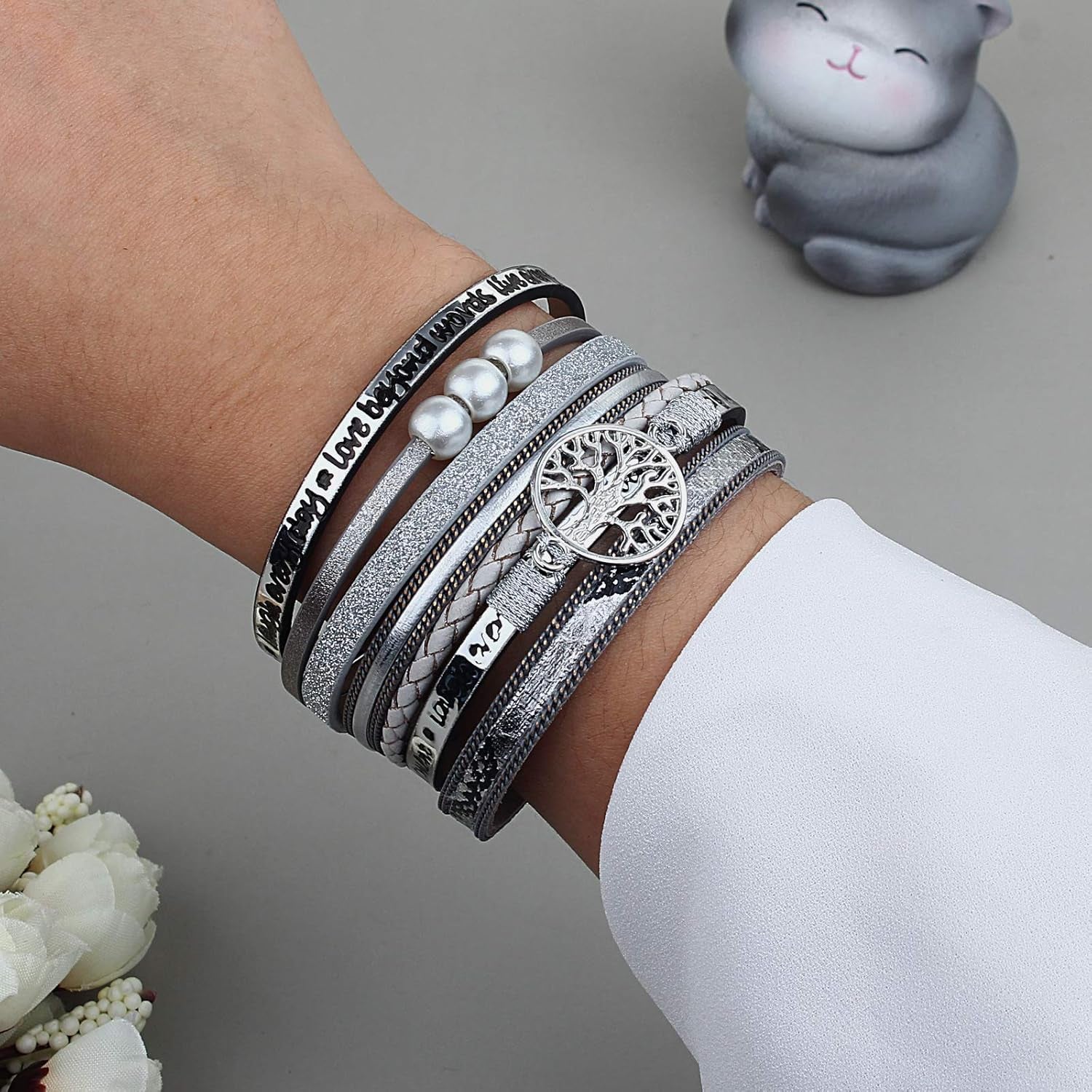 Tree of Life Leather Wrap Bracelet Inspirational Cuff Bangles Boho Pearl Bracelets with Magnetic Clasp Unique Jewelry Gifts for Women