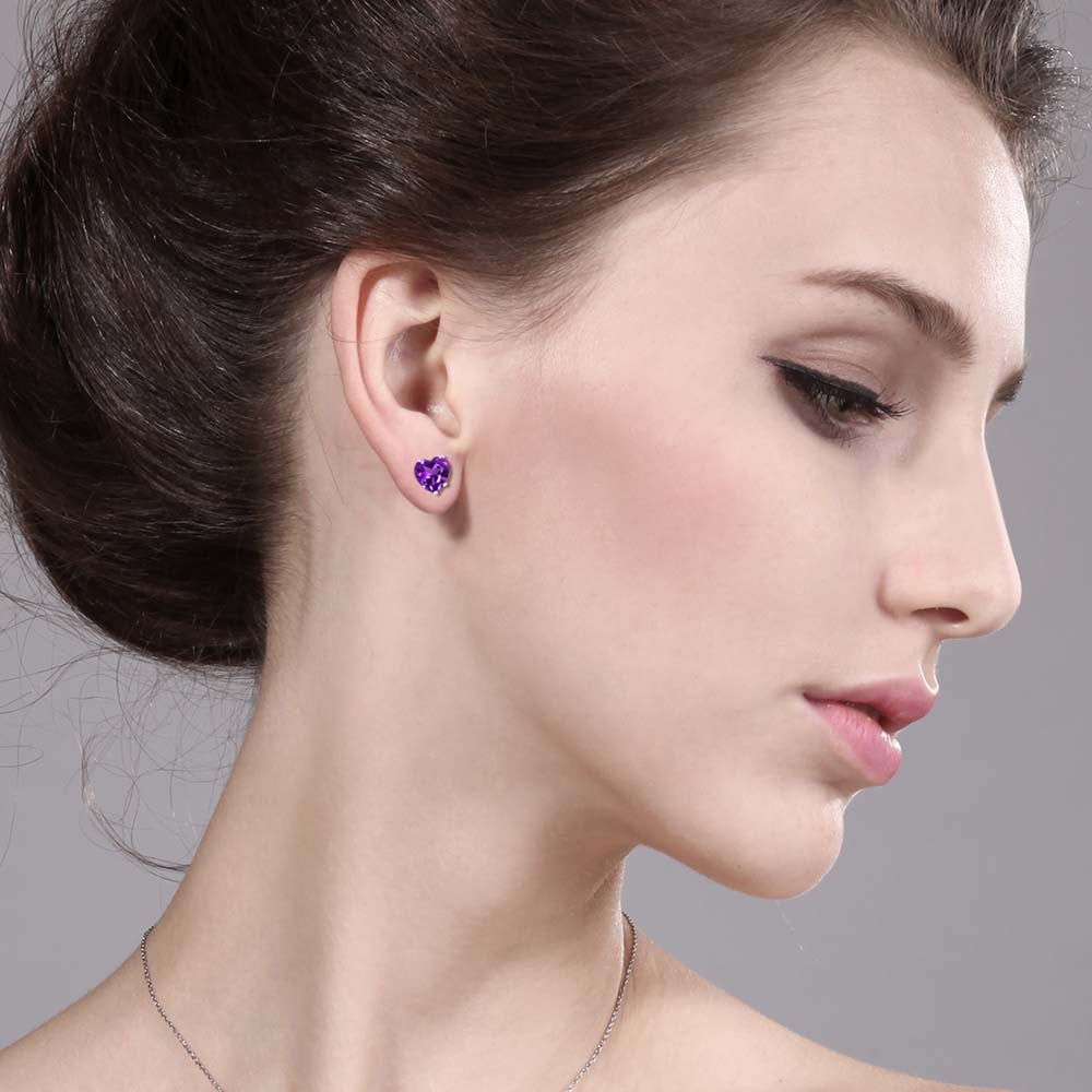 925 Sterling Silver Purple Amethyst Stud Earrings for Women Men (1.48 Cttw, Gemstone Birthstone, Heart Shape 6MM)