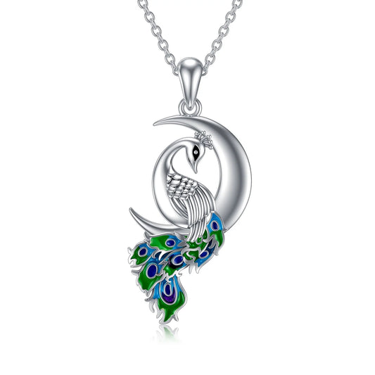 Peacock Moon Crystal Necklace 925 Sterling Silver Crescent Half Moon Pendant Peafowl Lover Anniversary Jewelry Gifts for Women