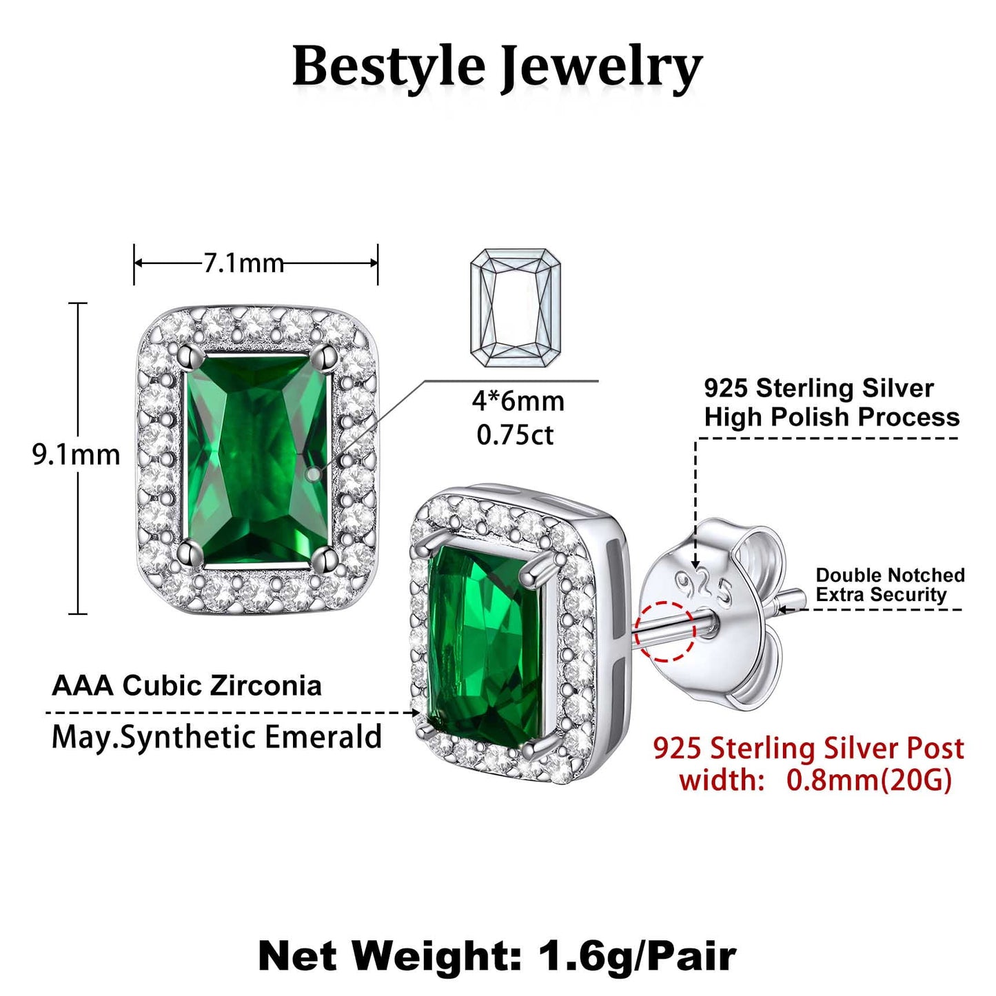 Square Diamond Stud Earrings May Emerald Birthstone Earrings, Sterling Silver Earrings Birthday Jewelry Gift for Women