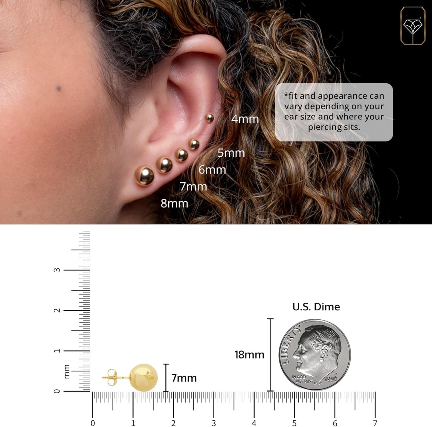 14K Gold Stud Earrings for Women | Yellow Solid Gold Flat & Full Ball Earrings with Gold Butterfly Backs | 4MM-8MM Hypoallergenic Real 14K Button Ball Studs for Women & Men by