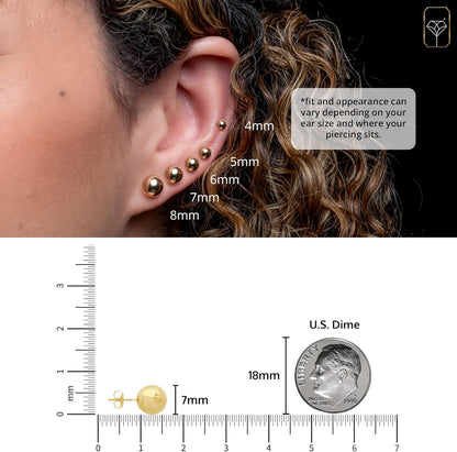 14K Gold Stud Earrings for Women | Yellow Solid Gold Flat & Full Ball Earrings with Gold Butterfly Backs | 4MM-8MM Hypoallergenic Real 14K Button Ball Studs for Women & Men by