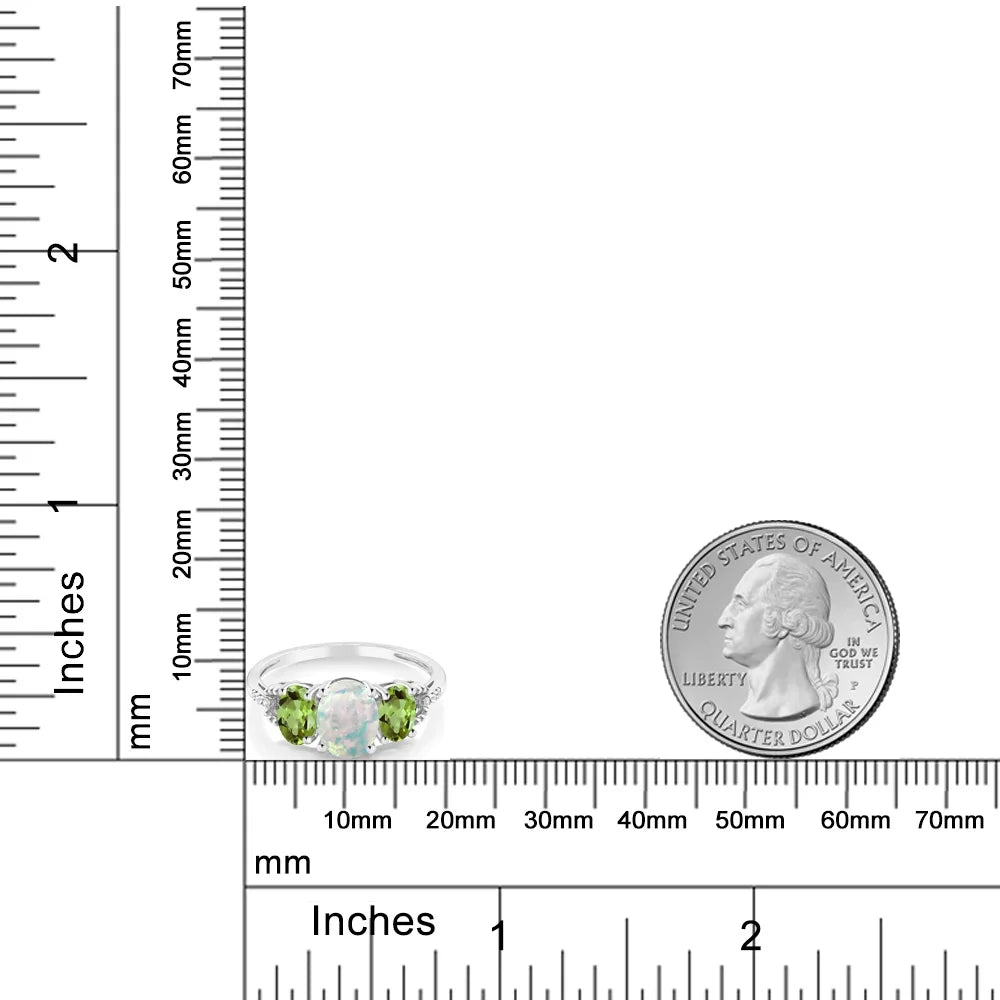 2.10 Cttw 10K White Gold Cabochon White Simulated Opal Green Peridot and Diamond Accent Three-Stone Engagement Ring for Women | Three Stone Wedding Anniversary Promise Ring