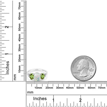 2.10 Cttw 10K White Gold Cabochon White Simulated Opal Green Peridot and Diamond Accent Three-Stone Engagement Ring for Women | Three Stone Wedding Anniversary Promise Ring