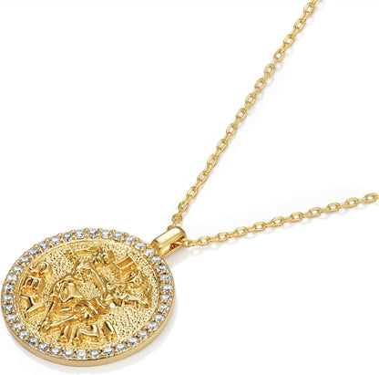 Constellation Necklace Pendant 14K Gold-Plated Hammered round Disc Engraved Zodiac Sign Pendant 16.9’’ Adjustable Dainty Necklace Mothers Gifts for Her