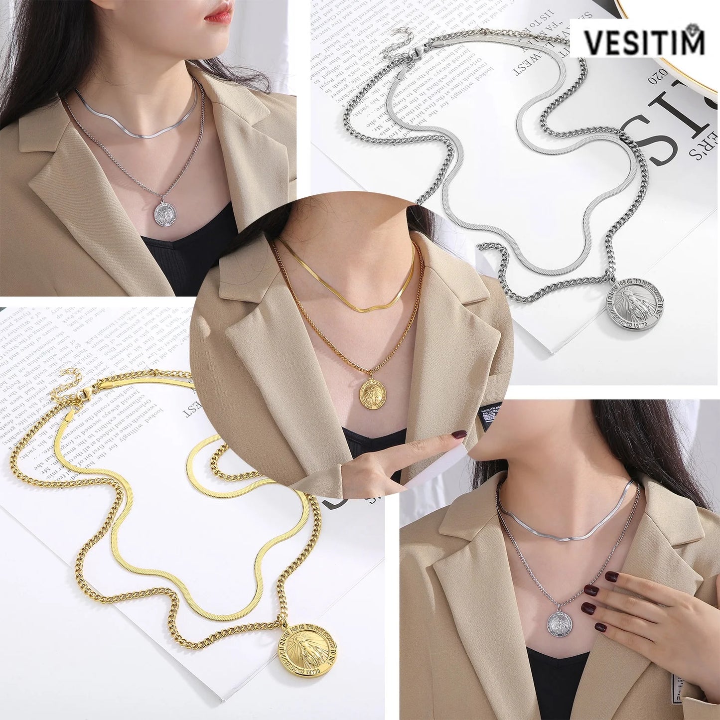 Virgin Mary Vintage Commemorative Coin Double Layered Necklace | Stainless Steels Pendant Necklace Jewelry Gift for Men Women