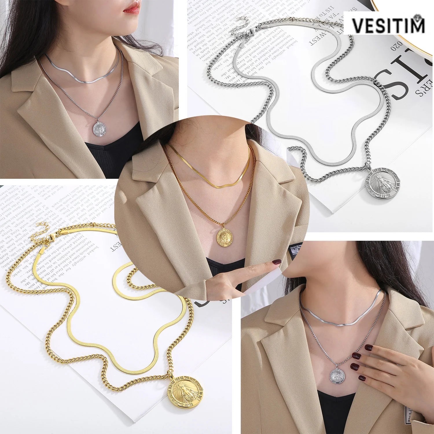 Virgin Mary Vintage Commemorative Coin Double Layered Necklace | Stainless Steels Pendant Necklace Jewelry Gift for Men Women