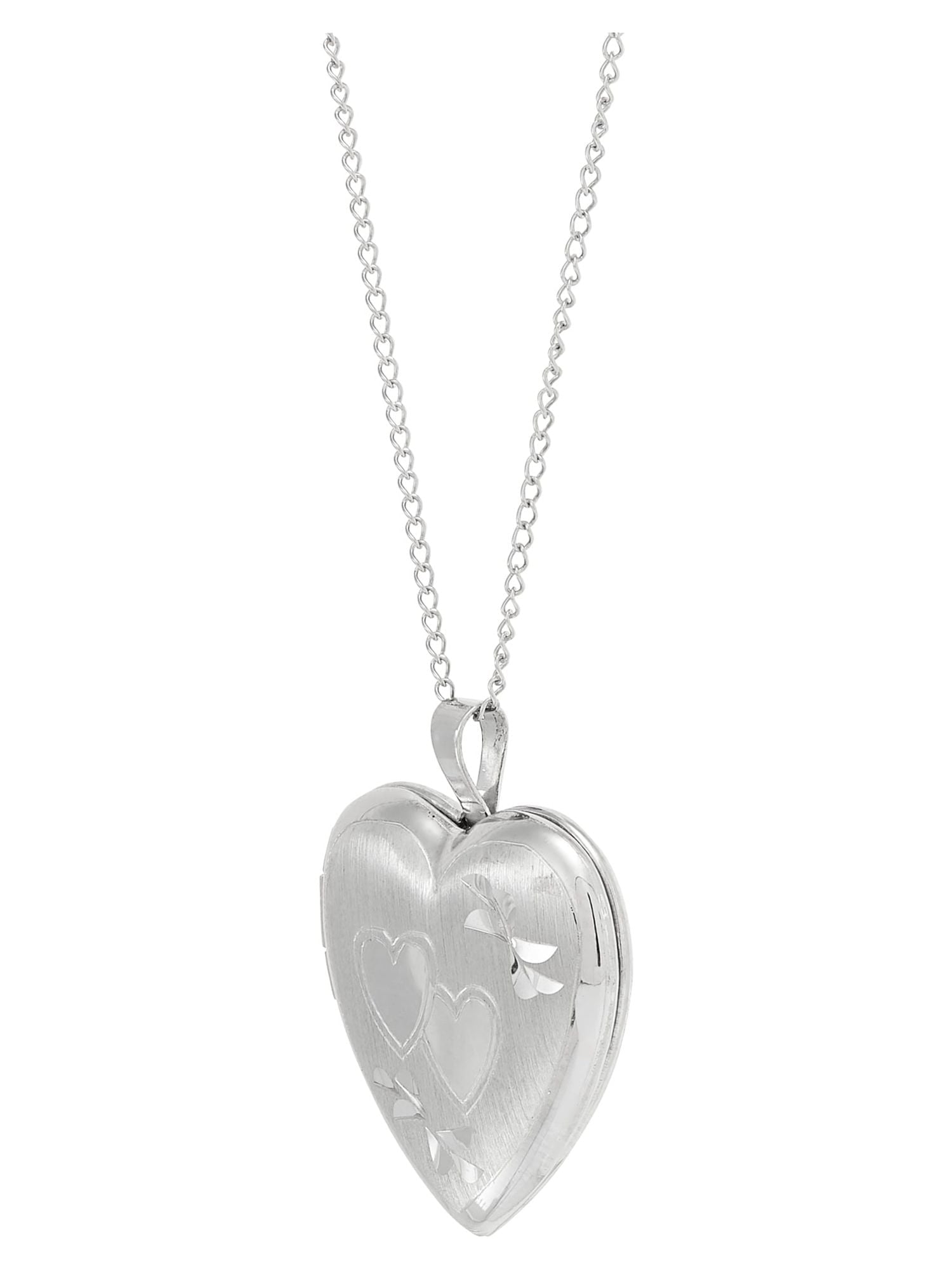 Sterling Silver Hollow Locket Heart Double-Heart Engraved Design Pendant, 18"